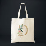 Tote Bag Lettre florale de pivoine D Monogramme or Bridesma<br><div class="desc">Le sac fourre-tout en monogramme de la lettre de floraison D présente un bouquet floral d'aquarelle de pivoines et de roses blancs et roses, un accent verdoyant et une feuille d'or faux. Ce sac fourre-tout monogramme de femme d'honneur fleurie D est parfait pour les mariages, douches, anniversaires et bien plus...</div>