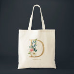 Tote Bag Lettre florale de pivoine D Monogramme or Bridesma<br><div class="desc">Le sac fourre-tout en monogramme de la lettre de floraison D présente un bouquet floral d'aquarelle de pivoines et de roses blancs et roses, un accent verdoyant et une feuille d'or faux. Ce sac fourre-tout monogramme de femme d'honneur fleurie D est parfait pour les mariages, douches, anniversaires et bien plus...</div>