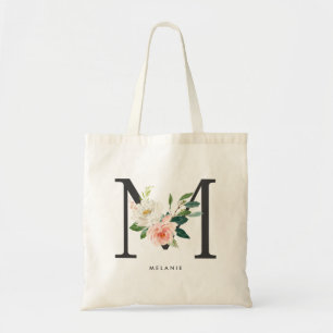 Tote Bag Lettre florale de pivoine M Monogramme noir