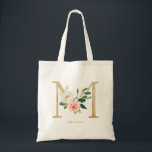 Tote Bag Lettre florale de pivoine M Monogramme or Bridesma<br><div class="desc">Sac fourre-tout de femme de chambre féministe et élégante à fleurs avec des illustrations aquarelles de fleurs, de verdure et de faux monogramme de feuille. Personnalisez en ajoutant un nom ou une courte phrase. Ce sac en toile monogramme floral M lettre sera parfait comme cadeau personnalisé pour les mariages, anniversaires...</div>