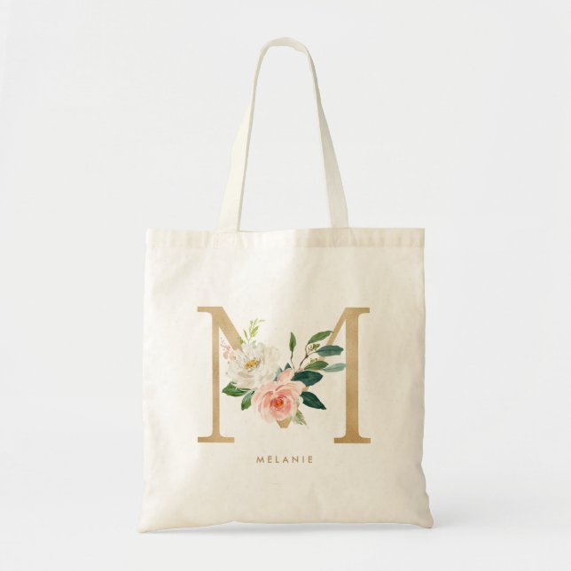 Tote Bag Lettre florale de pivoine M Monogramme or Bridesma (Devant)