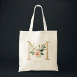 Tote Bag Lettre florale de pivoine M Monogramme or Bridesma<br><div class="desc">Lettre florale M monogramme sac fourre-tout est doté d'aquarelle bouquet floral de pivoines et roses blancs et roses, accent vert et fausse feuille d'or. Ce sac fourre-tout M floral bridesmaid monogram est parfait pour les mariages, douches, anniversaires et bien plus encore. Personnalisez en ajoutant des noms ou une courte phrase....</div>
