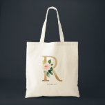 Tote Bag Lettre florale de pivoine R Monogramme or Bridesma<br><div class="desc">Lettre florale R sac fourre-tout monogramme est doté d'aquarelle bouquet floral de pivoines rose vif et d'accent verdoyant et de fausse feuille d'or. Ce sac fourre-tout monogramme de femme d'honneur fleurie R est parfait pour les mariages, les douches, les anniversaires et bien plus encore. Personnalisez en ajoutant des noms ou...</div>