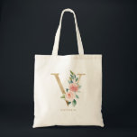 Tote Bag Lettre florale de pivoine V Monogramme d'or Tot de<br><div class="desc">Le sac fourre-tout en monogramme de la lettre florale V présente un bouquet floral aquarelle de pivoines et de roses blancs et roses, un accent verdoyant et une feuille d'or faux. Ce sac fourre-tout monogramme de femme d'honneur fleurie lettre V est parfait pour les mariages, douches, anniversaires et bien plus...</div>