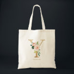 Tote Bag Lettre florale de pivoine Y Monogramme or Bridesma<br><div class="desc">Le sac fourre-tout en monogramme Y à lettre florale présente un bouquet floral aquarelle de pivoines et de roses blancs et roses, un accent verdoyant et une feuille d'or faux. Ce sac fourre-tout monogramme de femme d'honneur fleurie Y est parfait pour les mariages, les douches, les anniversaires et bien plus...</div>