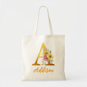 Tote Bag Lettre Florale d'or A Monogramme Mariage Faveur