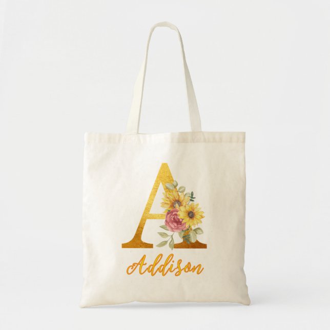 Tote Bag Lettre Florale d'or A Monogramme Mariage Faveur (Devant)