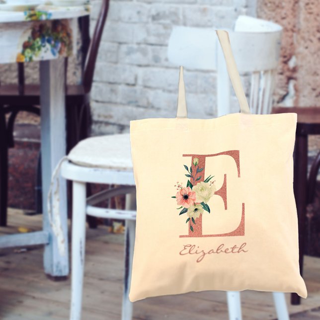 Tote Bag LETTRE Florale E Bouquet rose et ivoire (Créateur téléchargé)