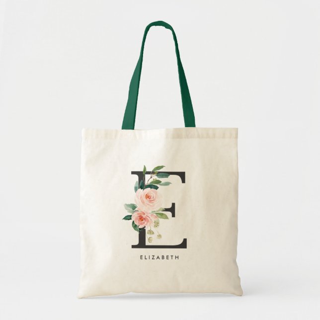 Tote Bag Lettre florale E Monogramme noir Demoiselle d'honn (Devant)