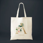 Tote Bag LETTRE Florale Faux Gold Foil A MONogramme Maid<br><div class="desc">sac fourre-tout floral féminin et élégant avec des illustrations aquarelles de fleurs,  de verdure et de monogramme de faux feuil. Personnalisez en ajoutant un nom ou une courte phrase. Ce sac de toile monogramme floral sera parfait comme cadeau personnalisé.</div>