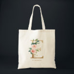 Tote Bag LETTRE Florale Faux Gold Foil E Monogramme Bridesm<br><div class="desc">sac fourre-tout floral féminin et élégant avec des illustrations aquarelles de fleurs,  de verdure et de monogramme de faux feuil. Personnalisez en ajoutant un nom ou une courte phrase. Ce sac de toile monogramme floral sera parfait comme cadeau personnalisé.</div>