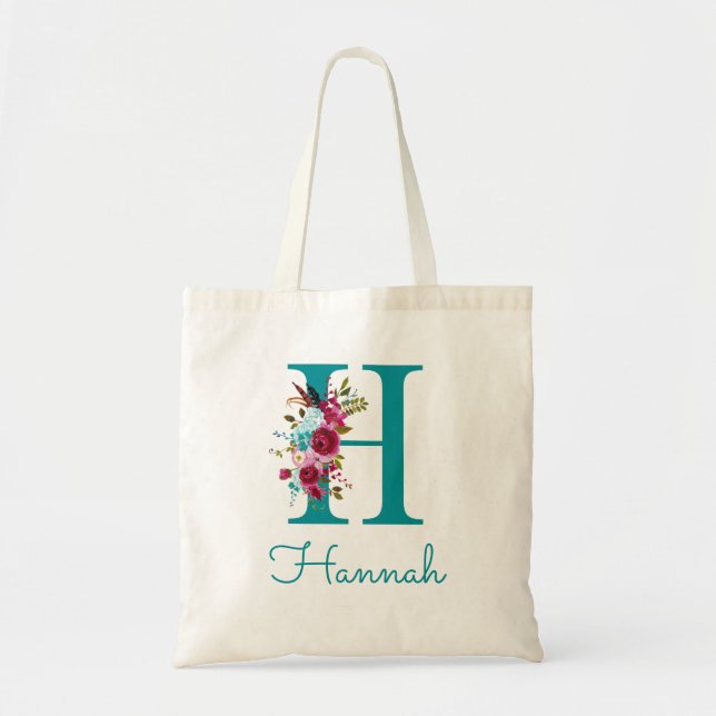 Tote Bag LETTRE Florale H Script Monogramme rose Turquoise (Devant)