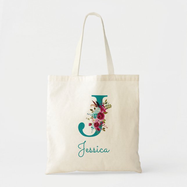 Tote Bag LETTRE Florale J Script Monogramme rose Turquoise (Devant)