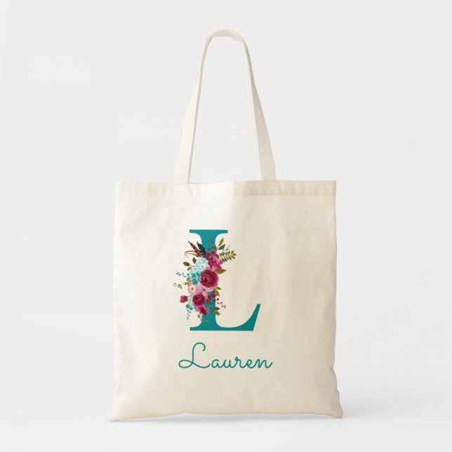 Tote Bag LETTRE Florale L Script Monogramme rose Turquoise (Devant)