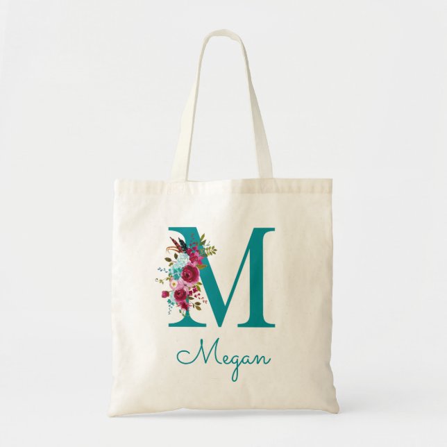 Tote Bag LETTRE Florale M Script Monogramme rose Turquoise (Devant)