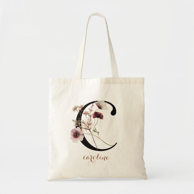 Tote Bag Lettre Florale moderne personnalisée Monogramme "C (Devant)