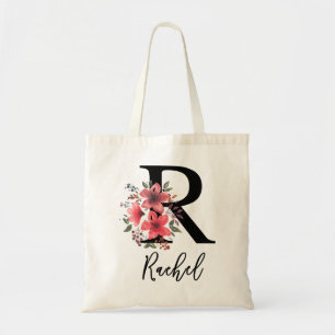 Tote Bag Lettre Florale noire R Monogramme avec nom personn