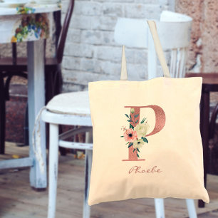 Tote Bag Lettre florale P aquarelle bouquet rose et ivoire