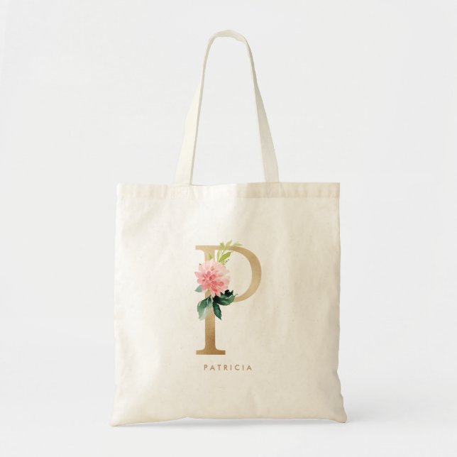 Tote Bag Lettre florale P en or Monogramme Demoiselle d'hon (Devant)