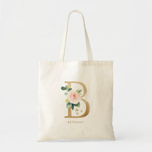Tote Bag Lettre florale Peony B Monogramme d'or Bridesmaid