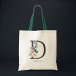 Tote Bag Lettre florale Peony D Monogramme noir Bridesmaid<br><div class="desc">Le sac fourre-tout en monogramme de la lettre D est orné d'aquarelle bouquet floral de pivoines blanches et roses rousses et de roses, accent verdoyant. Ce sac fourre-tout monogramme de femme d'honneur fleurie D est parfait pour les mariages, douches, anniversaires et bien plus encore. Personnalisez en ajoutant des noms ou...</div>