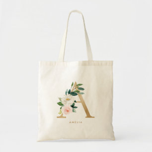 Tote Bag Lettre Florale Pivoine A Monogramme Or Demoiselle 