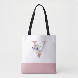 Tote Bag Lettre florale rose personnalisée V