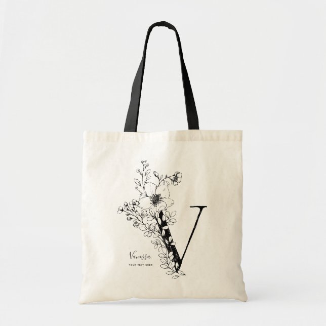 Tote Bag Lettre florale rustique V cadeau personnalisé mono (Devant)