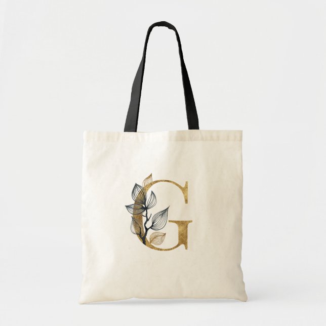 Tote Bag *~* Lettre G Monogramme d'or Feuille noir initial (Devant)