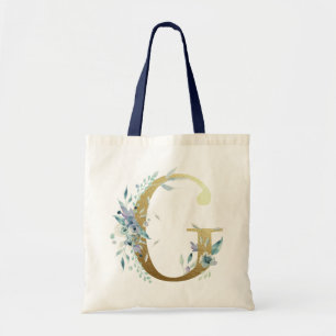 Tote Bag Lettre G Monogramme Doré Fleurs Aquarelle Bleue