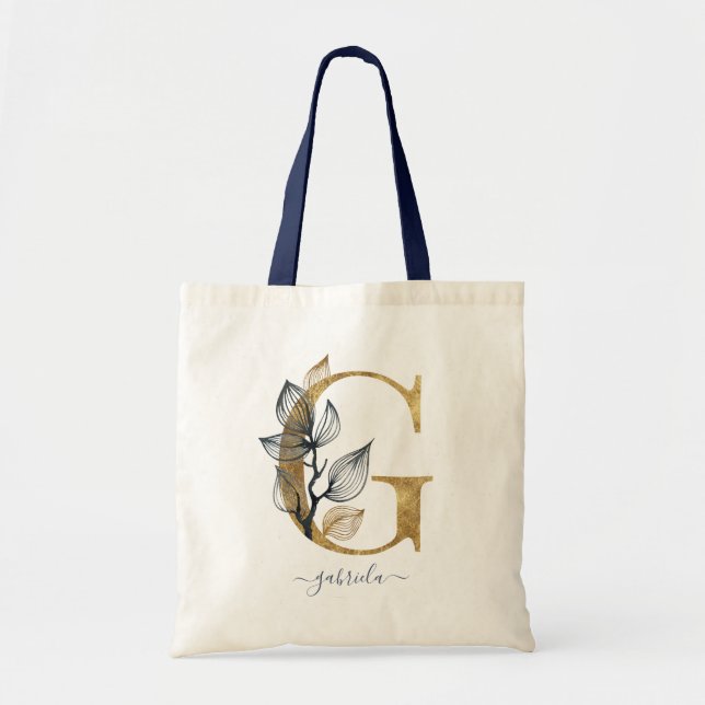 Tote Bag Lettre « G » monogramme moderne feuille d'or bleu  (Devant)