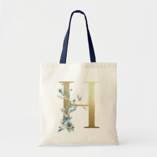 Tote Bag Lettre H Monogramme Doré Fleurs Aquarelle Bleue
