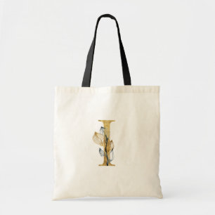 Tote Bag *~* Lettre I Monogramme d'or Feuille noir initial