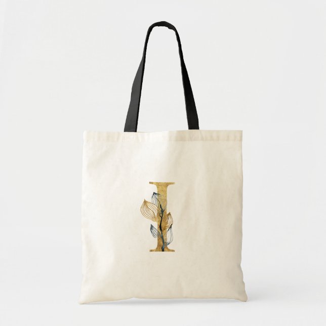 Tote Bag *~* Lettre I Monogramme d'or Feuille noir initial (Devant)