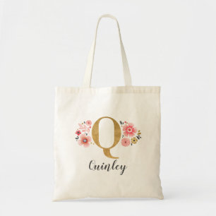 Tote Bag Lettre initiale de monogramme en or "Q" Floral