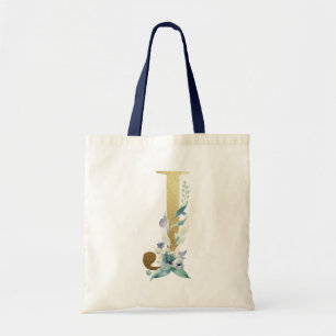 Tote Bag Lettre J Monogramme Doré Fleurs Aquarelle Bleue