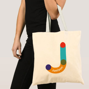 Tote Bag Lettre J Monogramme Nom Bleu Orange Typographie