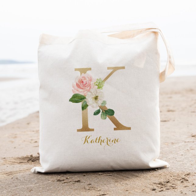 Tote Bag Lettre K en or et fleurs en rose personnalisées (Créateur téléchargé)