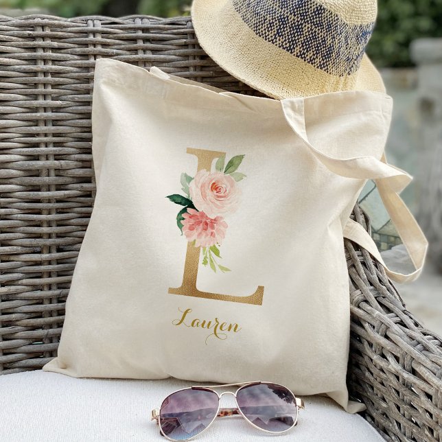 Tote Bag Lettre L dorée et fleurs roses personnalisées (Créateur téléchargé)