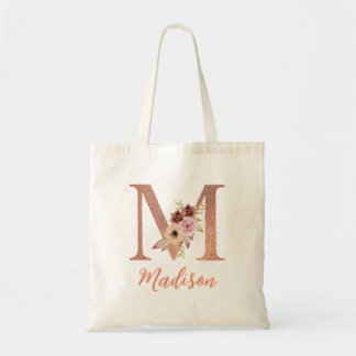 Tote Bag Lettre M Blush rose Pailleté Monogramme floral