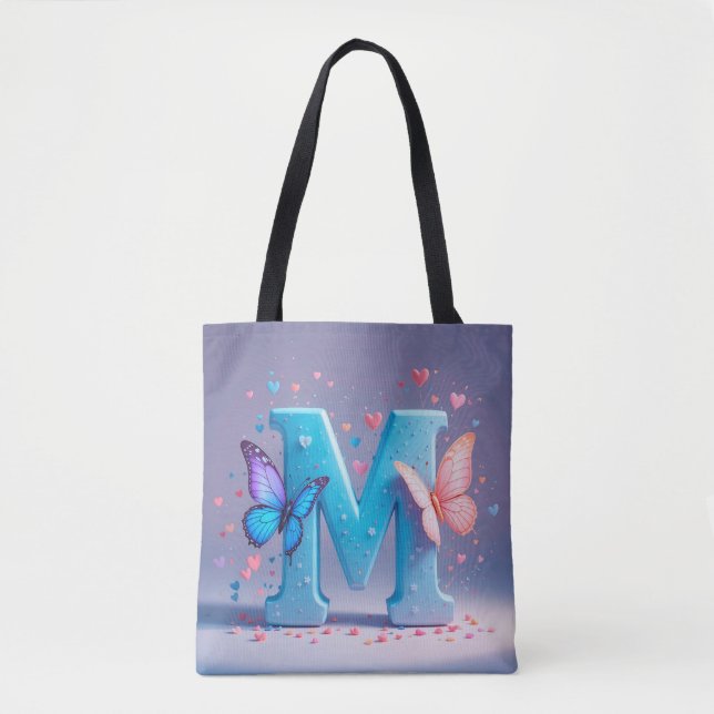 Tote Bag Lettre M colorée avec papillons (Devant)