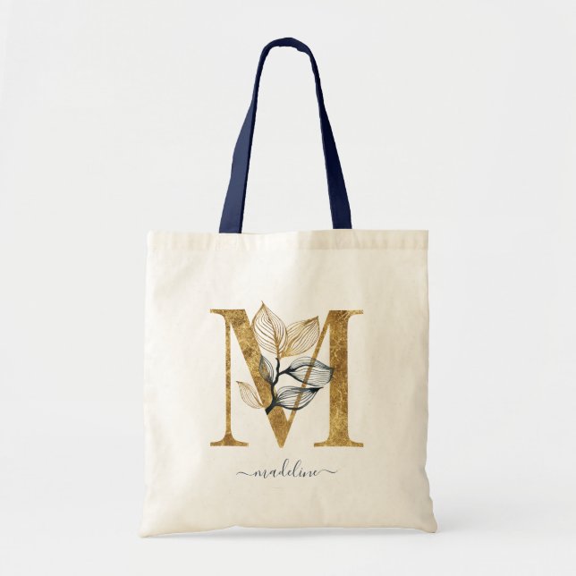 Tote Bag Lettre "M" Monogramme Moderne Feuille D'Or Bleu Ma (Devant)