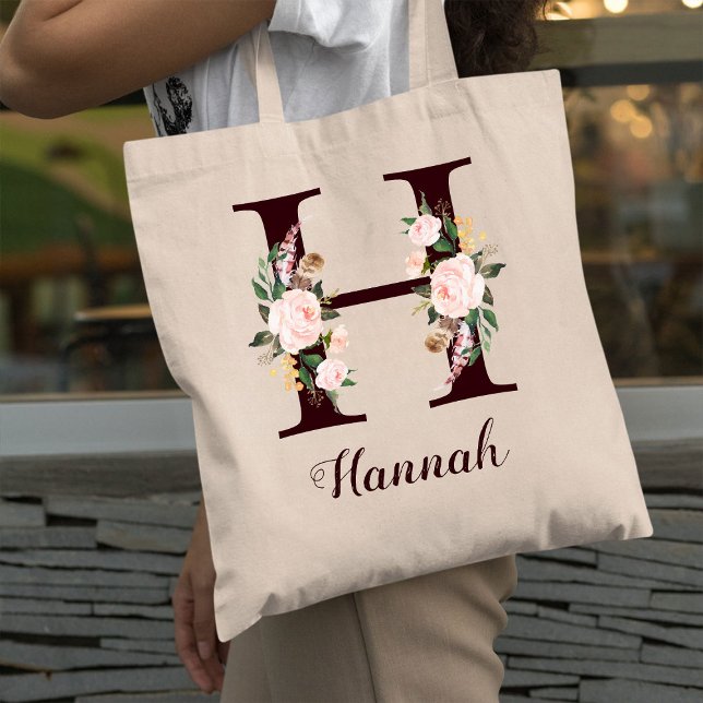 Tote Bag Lettre minimale H Blush Floral Cadeau personnalisé (Créateur téléchargé)