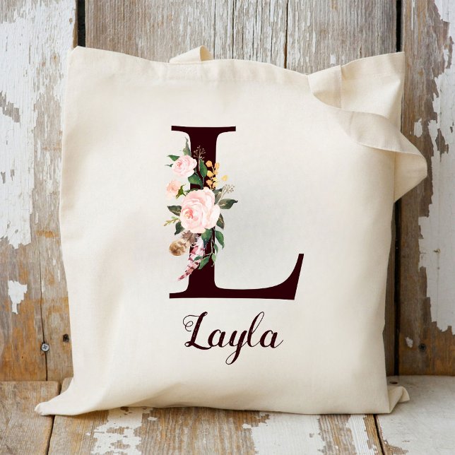 Tote Bag Lettre minimale L Blush Floral Cadeau personnalisé (Créateur téléchargé)