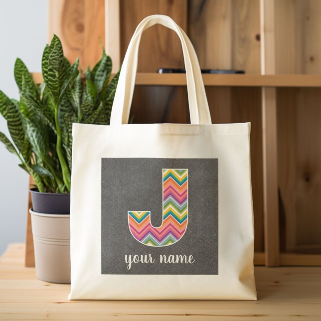 Tote Bag Lettre Monogramme de tableau noir J avec Chevrons  (Custom Canvas Tote Bag)