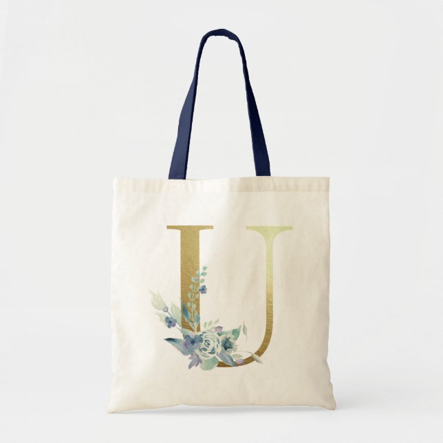 Tote Bag Lettre Monogramme Doré U Fleurs Aquarelle Bleue (Devant)