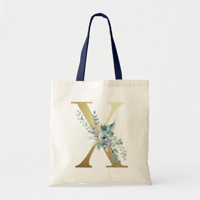 Tote Bag Lettre Monogramme Dorée  Fleurs Aquarelle Bleue (Devant)