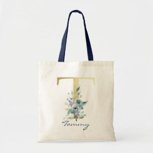 Tote Bag Lettre Monogramme Dorée T Décor Floral Bleu Nom