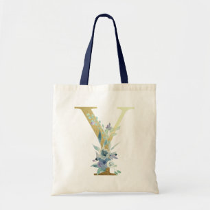 Tote Bag Lettre Monogramme Dorée  Y Fleurs Aquarelle Bleue