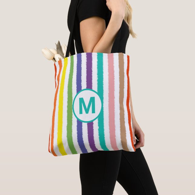 Tote Bag Lettre monogramme Été Plage amusant Rainbow Stripe (De près)